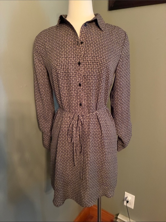 LOFT Dresses & Skirts - Patterned Long-Sleeve Shirt Dress with Self-Tie Waist — Black and Tan
